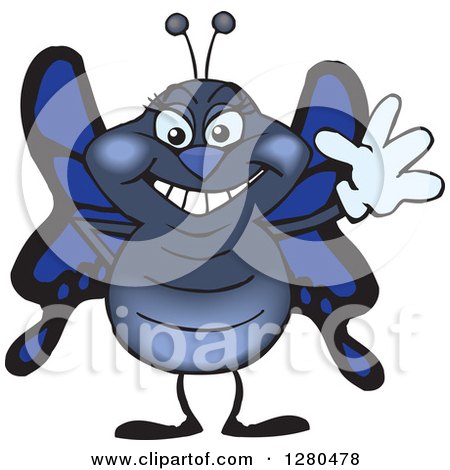 Clipart of a Friendly Waving Blue Butterfly - Royalty Free Vector Illustration by Dennis Holmes Designs
