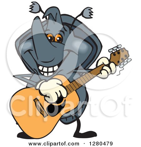 Clipart of a Happy Rhino Beetle Playing an Acoustic Guitar - Royalty Free Vector Illustration by Dennis Holmes Designs