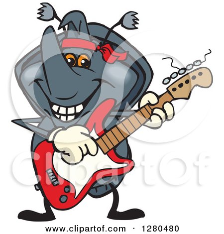 Clipart of a Happy Rhino Beetle Playing an Electric Guitar - Royalty Free Vector Illustration by Dennis Holmes Designs