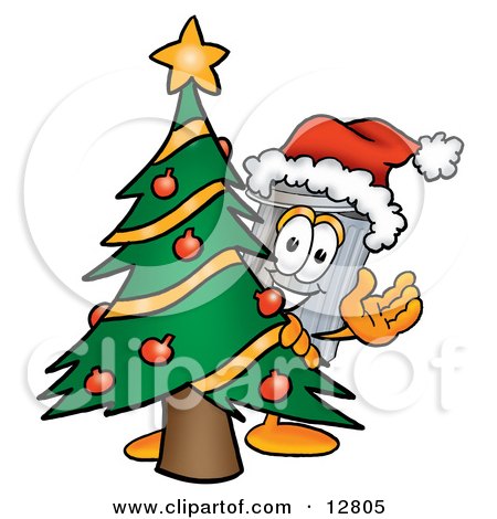 Clipart Picture of a Garbage Can Mascot Cartoon Character Waving and Standing by a Decorated Christmas Tree by Mascot Junction