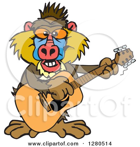 Clipart of a Happy Baboon Musician Playing a Guitar - Royalty Free Vector Illustration by Dennis Holmes Designs