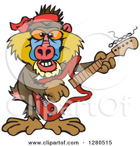 Clipart of a Happy Baboon Musician Playing an Electric Guitar - Royalty Free Vector Illustration by Dennis Holmes Designs