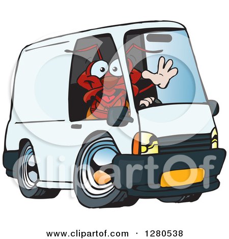 Clipart of a Red Ant Waving and Driving a Delivery Van - Royalty Free Vector Illustration by Dennis Holmes Designs