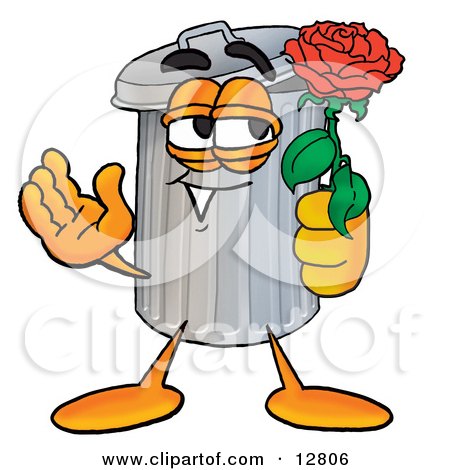Clipart Picture of a Garbage Can Mascot Cartoon Character Holding a Red Rose on Valentines Day by Mascot Junction