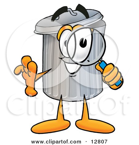 Clipart Picture of a Garbage Can Mascot Cartoon Character Looking Through a Magnifying Glass by Mascot Junction