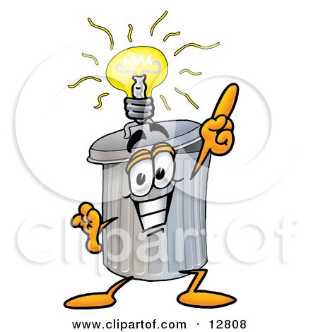 Clipart Picture of a Garbage Can Mascot Cartoon Character With a Bright Idea by Mascot Junction