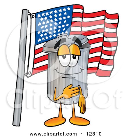 Clipart Picture of a Garbage Can Mascot Cartoon Character Pledging Allegiance to an American Flag by Mascot Junction