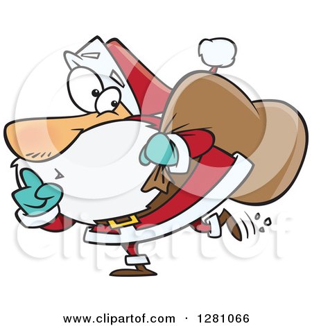 Clipart of a Sneaky Santa Claus Gesturing Silence and Tip Toeing on Christmas Eve - Royalty Free Vector Illustration by toonaday