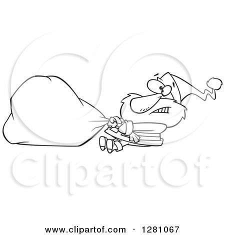 Clipart Cartoon of a Black and White Struggling Santa Clause Pulling a Heavy Christmas Sack - Royalty Free Vector Illustration by toonaday