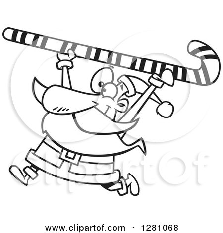 Clipart Cartoon of a Black and White Happy Santa Clause Carrying a Giant Christmas Candy Cane over His Head - Royalty Free Vector Illustration by toonaday