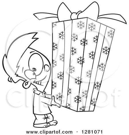 Cartoon Clipart of a Black and White Cartoon Happy Little Boy Holding a Big Christmas Gift - Royalty Free Vector Illustration by toonaday