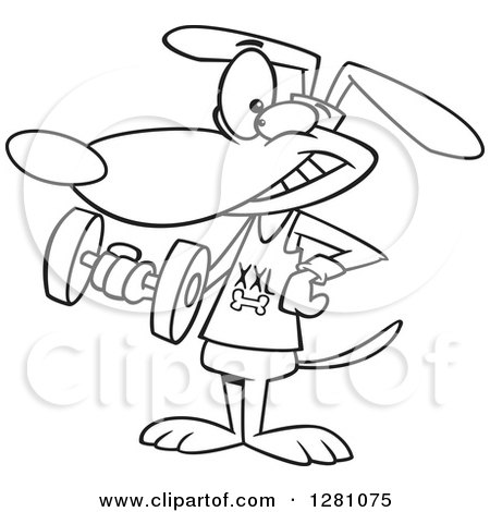 Cartoon Clipart of a Black and White Cartoon Happy Dog Working out with a Dumbbell - Royalty Free Vector Illustration by toonaday