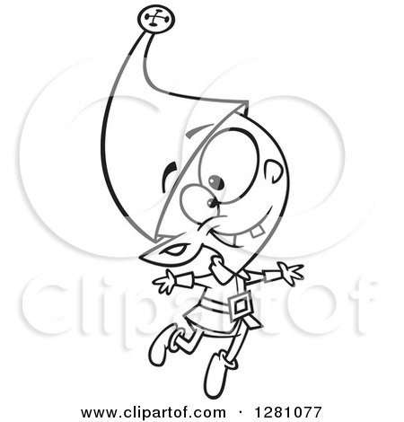 Cartoon Clipart of a Black and White Cartoon Happy Young Christmas Elf Jumping - Royalty Free Vector Illustration by toonaday