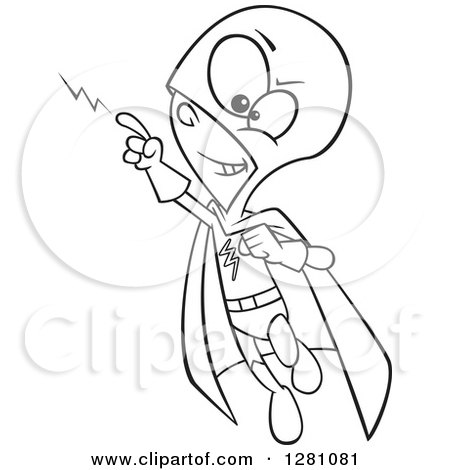 Cartoon Clipart of a Black and White Cartoon Super Hero Boy Flying and Creating Lightning - Royalty Free Vector Illustration by toonaday