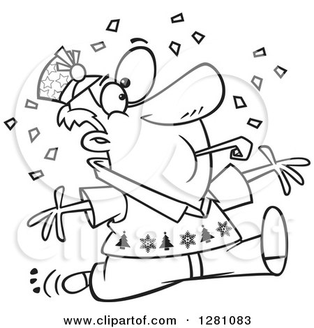 Cartoon Clipart of a Black and White Cartoon Festive Man Blowing a Noise Maker and Jumping in Confetti on New Years - Royalty Free Vector Illustration by toonaday