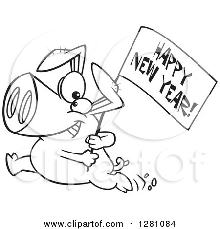 Cartoon Clipart of a Black and White Cartoon Pig Running with a Happy New Year Sign - Royalty Free Vector Illustration by toonaday