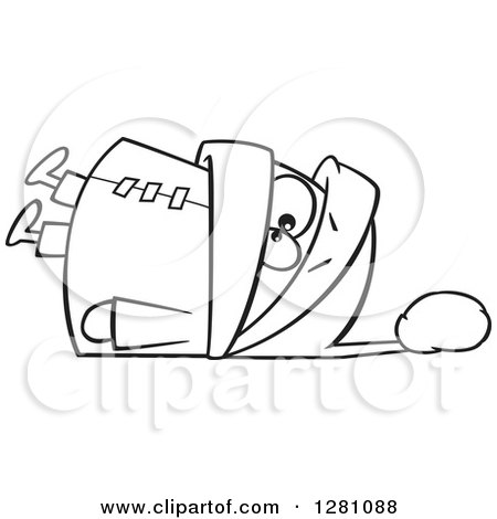 Cartoon Clipart of a Black and White Cartoon Boy Fallen over in an Overkill of Winter Clothing - Royalty Free Vector Illustration by toonaday