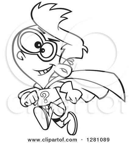 Cartoon Clipart of a Black and White Cartoon Question Super Hero Boy Running - Royalty Free Vector Illustration by toonaday