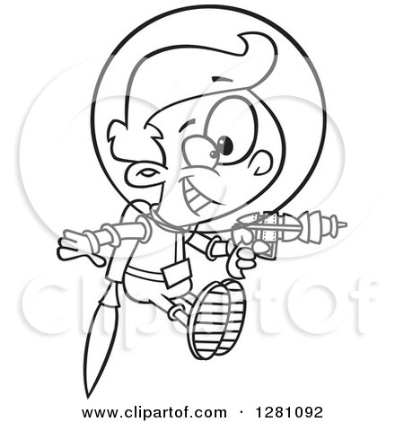 Cartoon Clipart of a Black and White Cartoon Happy Space Boy Flying with a Jet Pack and Ray Gun - Royalty Free Vector Illustration by toonaday