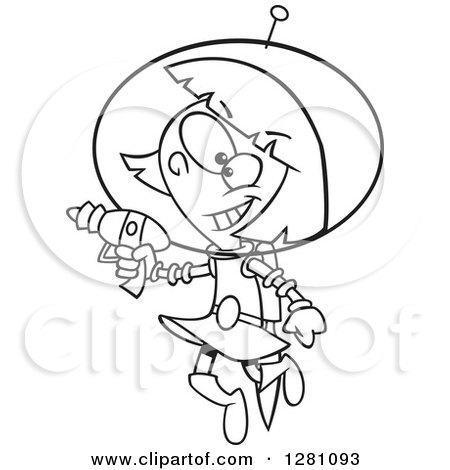 Cartoon Clipart of a Black and White Cartoon Happy Little Space Girl Flying and Holding a Ray Gun - Royalty Free Vector Illustration by toonaday