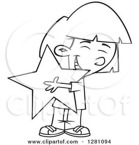 Cartoon Clipart of a Black and White Cartoon Happy Little Girl Hugging a Star - Royalty Free Vector Illustration by toonaday