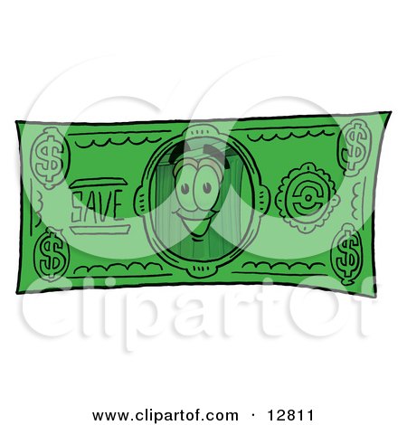 Clipart Picture of a Garbage Can Mascot Cartoon Character on a Dollar Bill by Mascot Junction