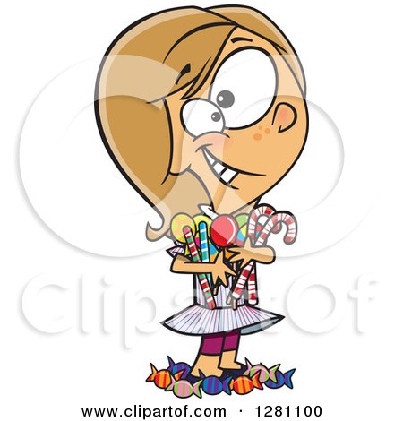 Cartoon Clipart of a Happy Caucasian Girl Hugging and Standing in Her Candy Stash - Royalty Free Vector Illustration by toonaday