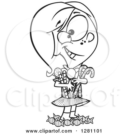 Cartoon Clipart of a Black and White Happy Little Girl Hugging and Standing in Her Candy Stash - Royalty Free Vector Illustration by toonaday