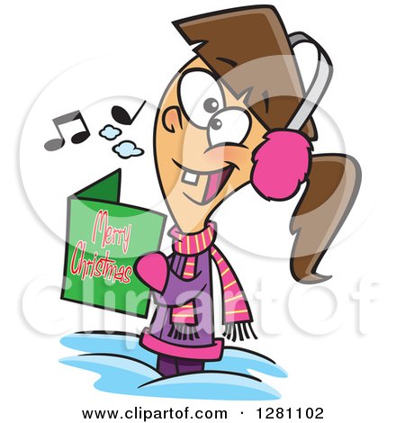 Cartoon Clipart of a Festive Brunette White Girl Singing Christmas Carols - Royalty Free Vector Illustration by toonaday