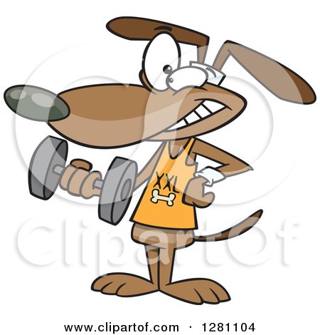 Cartoon Clipart of a Happy Brown Dog Working out with a Dumbbell - Royalty Free Vector Illustration by toonaday
