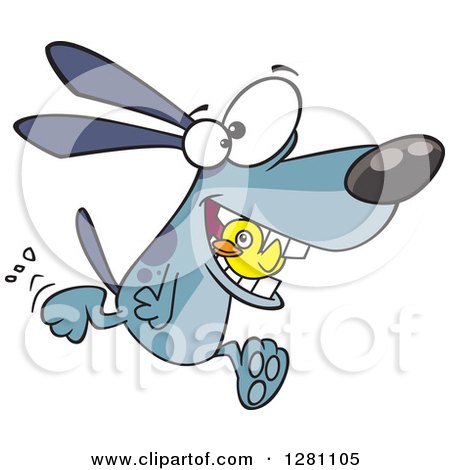 Cartoon Clipart of a Happy Blue Dog Fetching a Duck - Royalty Free Vector Illustration by toonaday