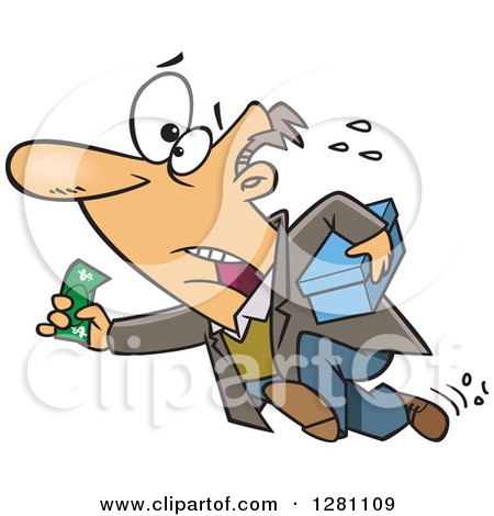 Cartoon Clipart of a Last Minute Caucasian Man Running with Cash and a Box - Royalty Free Vector Illustration by toonaday