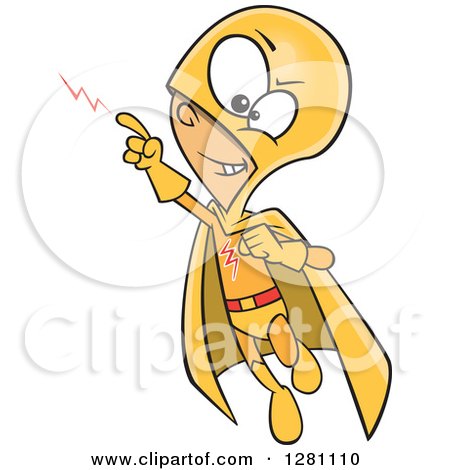 Cartoon Clipart of a Caucasian Super Hero Boy Flying and Creating Lightning - Royalty Free Vector Illustration by toonaday