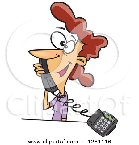 Cartoon Clipart of a Happy Caucasian Woman Talking on a Landline Telephone - Royalty Free Vector Illustration by toonaday