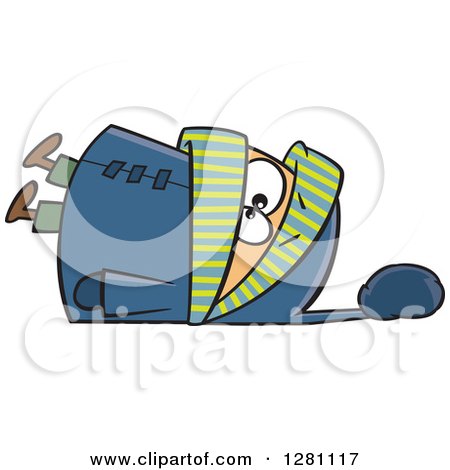 Cartoon Clipart of a White Boy Fallen over in an Overkill of Winter Clothing - Royalty Free Vector Illustration by toonaday