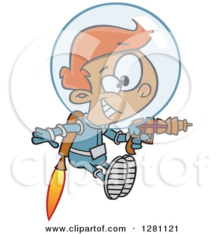 Cartoon Clipart of a Happy Red Haired Caucasian Space Boy Flying with a Jet Pack and Ray Gun - Royalty Free Vector Illustration by toonaday