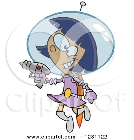 Cartoon Clipart of a Happy Little Space Girl Flying and Holding a Ray Gun - Royalty Free Vector Illustration by toonaday