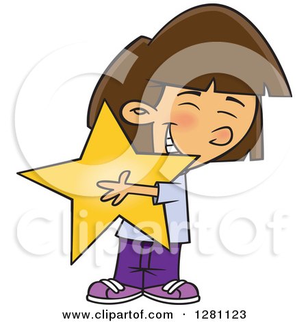 Cartoon Clipart of a Happy Brunette Caucasian Girl Hugging a Star - Royalty Free Vector Illustration by toonaday