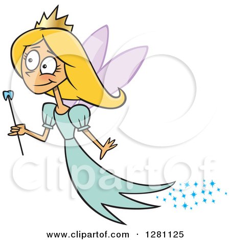 Cartoon Clipart of a Happy Blond Tooth Fairy Girl Flying with a Wand - Royalty Free Vector Illustration by toonaday