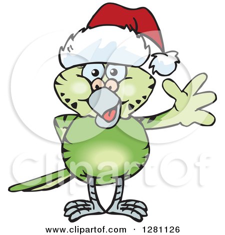 Clipart of a Friendly Waving Green Budgie Parakeet Bird Wearing a Christmas Santa Hat - Royalty Free Vector Illustration by Dennis Holmes Designs