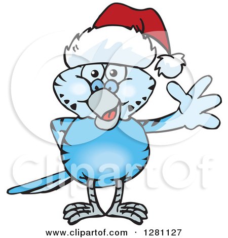 Clipart of a Friendly Waving Dark Blue Budgie Parakeet Bird Wearing a Christmas Santa Hat - Royalty Free Vector Illustration by Dennis Holmes Designs