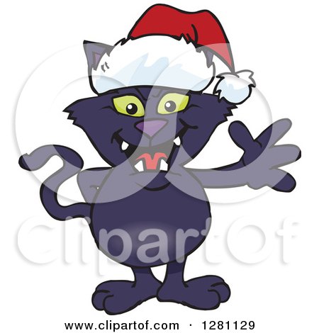 Clipart of a Friendly Waving Black Cat Wearing a Christmas Santa Hat - Royalty Free Vector Illustration by Dennis Holmes Designs