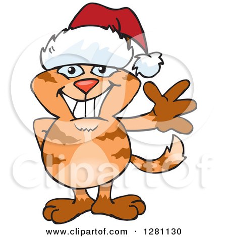 Clipart of a Friendly Waving Siamese Cat Wearing a Christmas Santa Hat - Royalty Free Vector Illustration by Dennis Holmes Designs