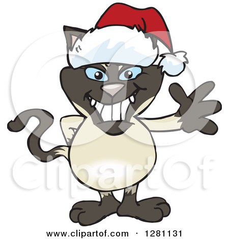 Clipart of a Friendly Waving Siamese Cat Wearing a Christmas Santa Hat - Royalty Free Vector Illustration by Dennis Holmes Designs