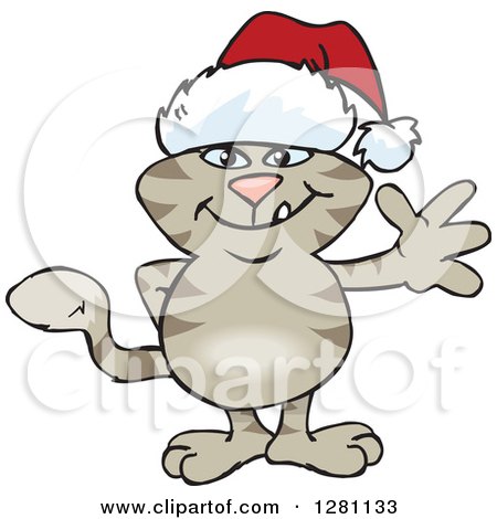 Clipart of a Friendly Waving Tabby Cat Wearing a Christmas Santa Hat - Royalty Free Vector Illustration by Dennis Holmes Designs
