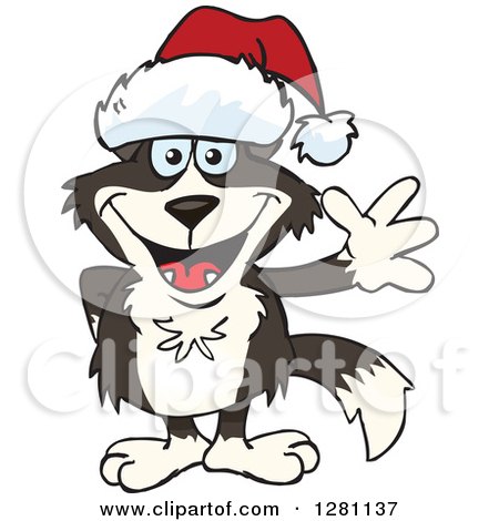 Clipart of a Friendly Waving Border Collie Dog Wearing a Christmas Santa Hat - Royalty Free Vector Illustration by Dennis Holmes Designs