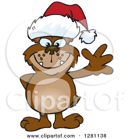 Clipart of a Friendly Waving Bear Wearing a Christmas Santa Hat - Royalty Free Vector Illustration by Dennis Holmes Designs