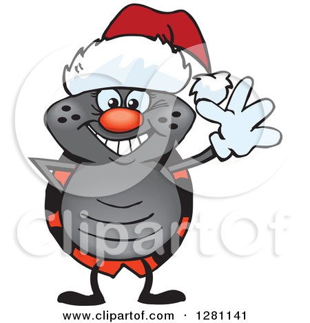 Clipart of a Friendly Waving Ladybug Wearing a Christmas Santa Hat - Royalty Free Vector Illustration by Dennis Holmes Designs