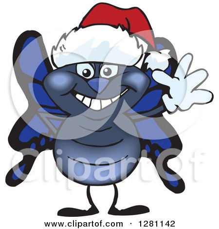 Clipart of a Friendly Waving Blue Butterfly Wearing a Christmas Santa Hat - Royalty Free Vector Illustration by Dennis Holmes Designs