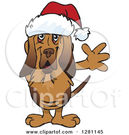 Clipart of a Friendly Waving Bloodhound Dog Wearing a Christmas Santa Hat - Royalty Free Vector Illustration by Dennis Holmes Designs